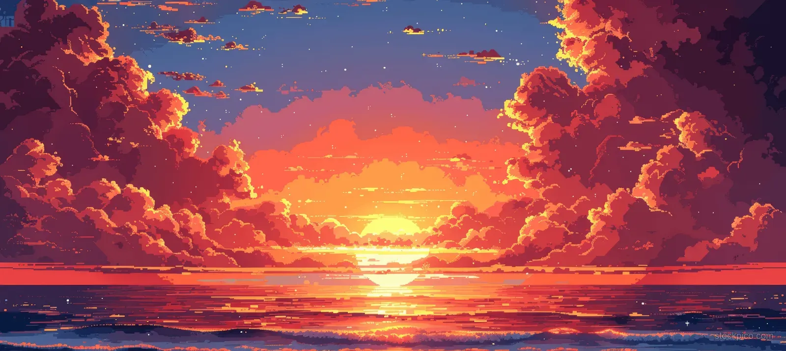 Pixel art sunset over the sea with a glowing horizon, orange-red cloudscape, and rippling reflections on water.
