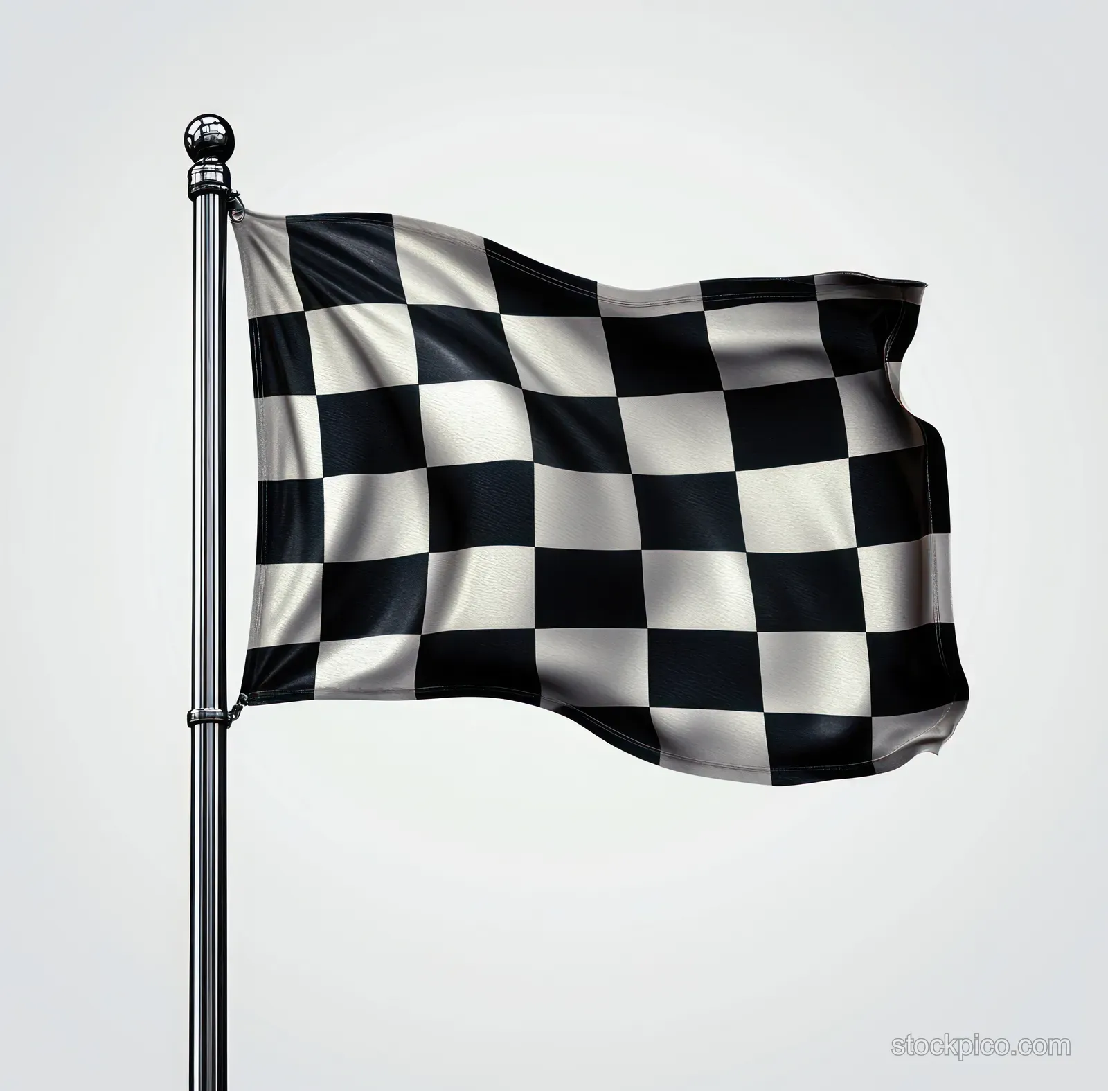 Black and white checkered racing flag waves on a silver pole against a light background.