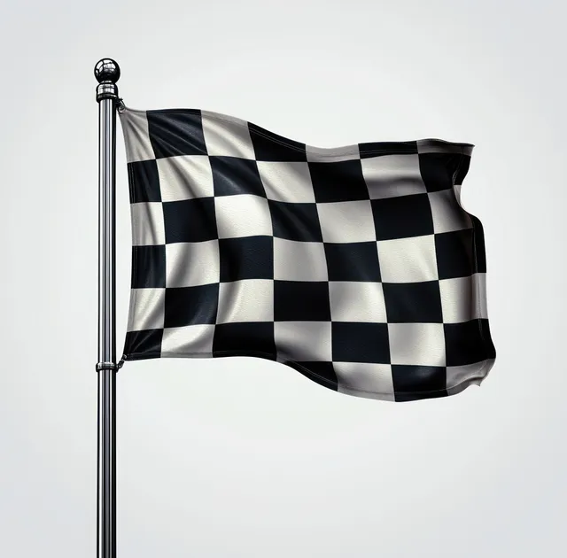 Black and white checkered racing flag waves on a silver pole against a light background.