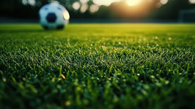 Close-up green soccer grass with a blurred ball in warm sunset light