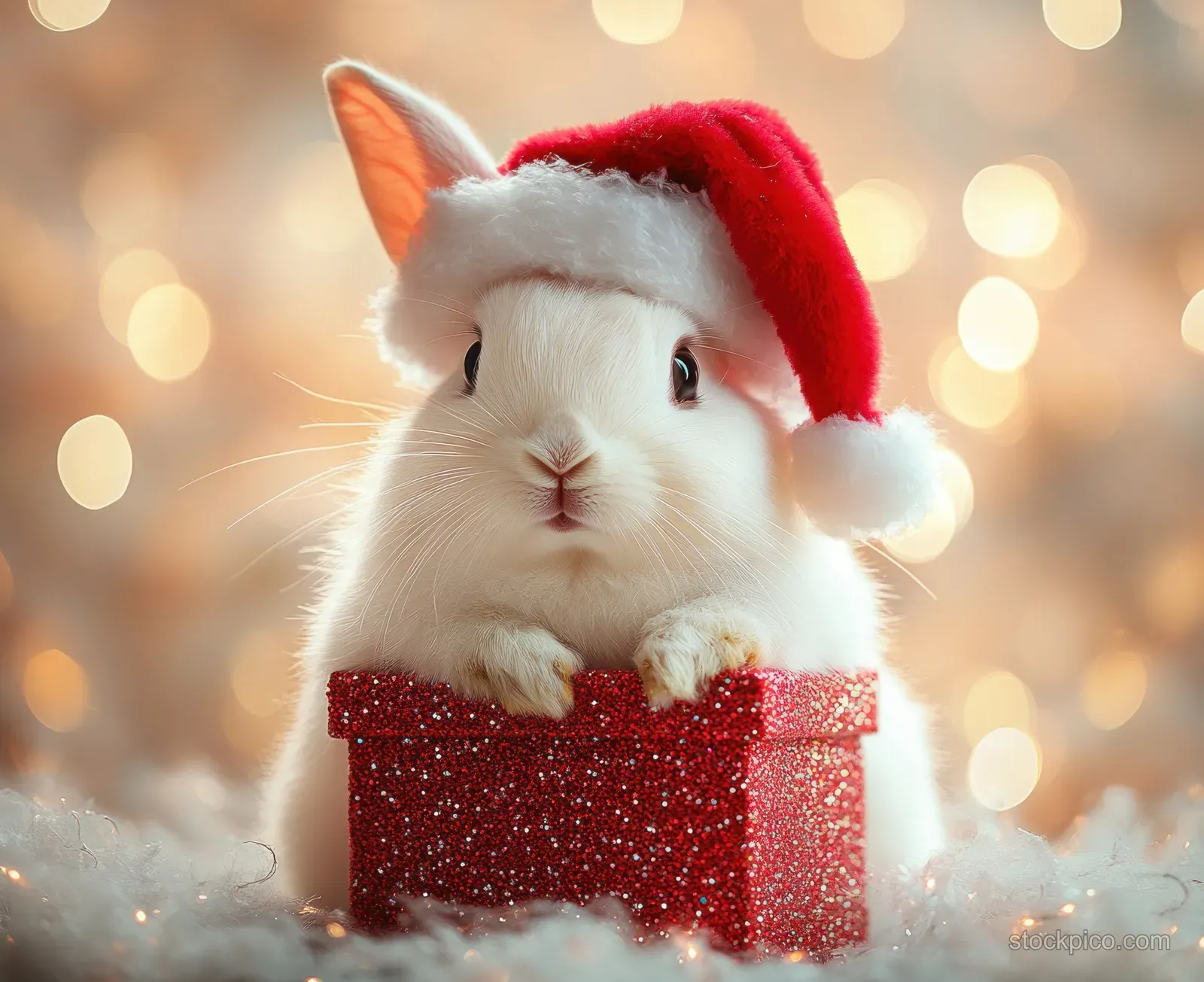 Fluffy white rabbit with a Santa hat inside a glittering red gift box with soft holiday bokeh lights behind.