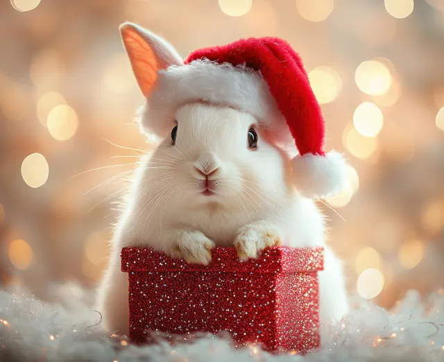 Fluffy white rabbit with a Santa hat inside a glittering red gift box with soft holiday bokeh lights behind.