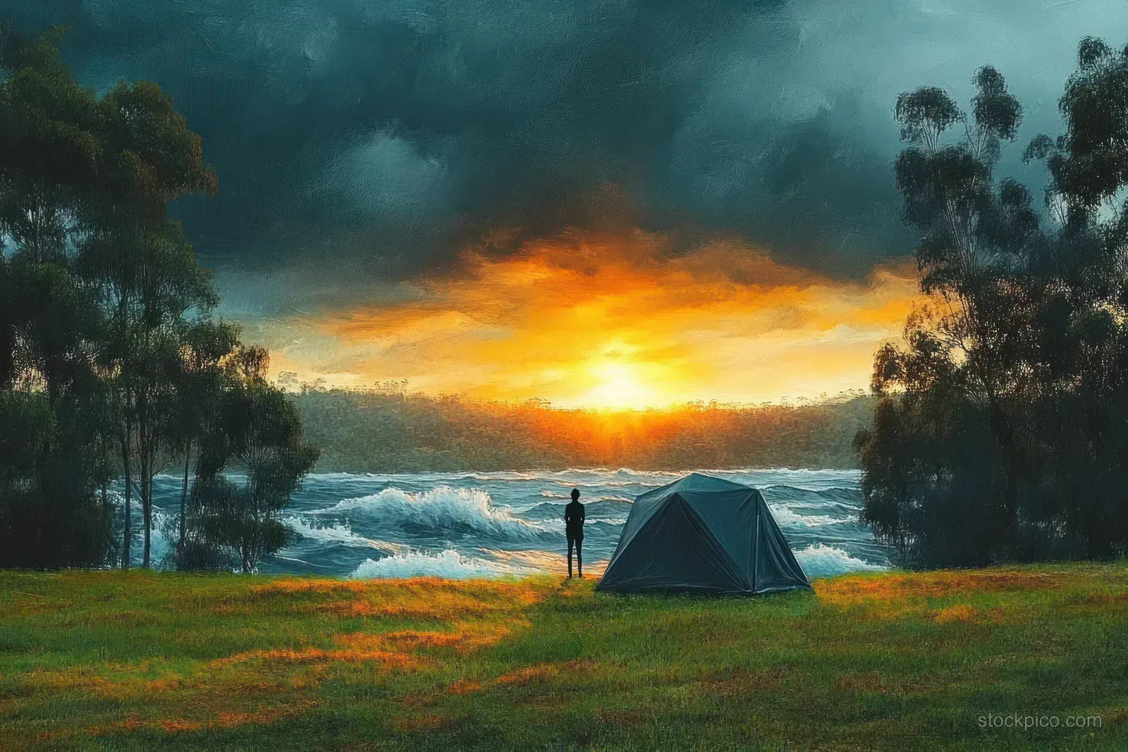 A lone person stands beside a camping tent on grassy land as turbulent waves crash under stormy sunset skies.