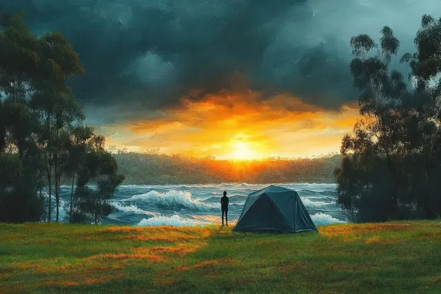 A lone person stands beside a camping tent on grassy land as turbulent waves crash under stormy sunset skies.