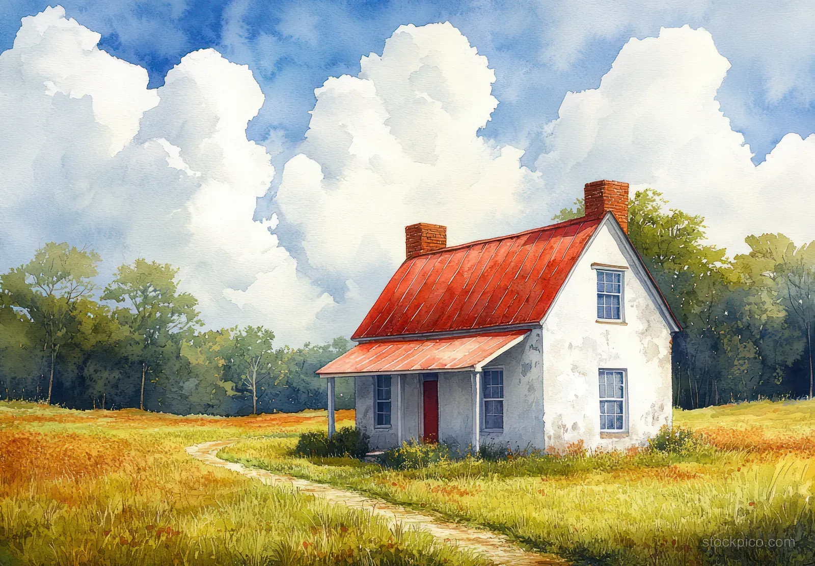 Watercolor image of a small red-roof house in a green meadow under a blue sky with fluffy cumulus clouds.