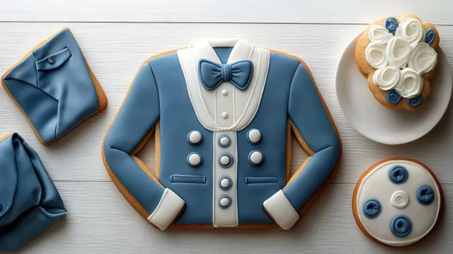 Set of blue tuxedo jacket, bow tie, pocket square, and blue floral icing cookies arranged on a white tabletop.