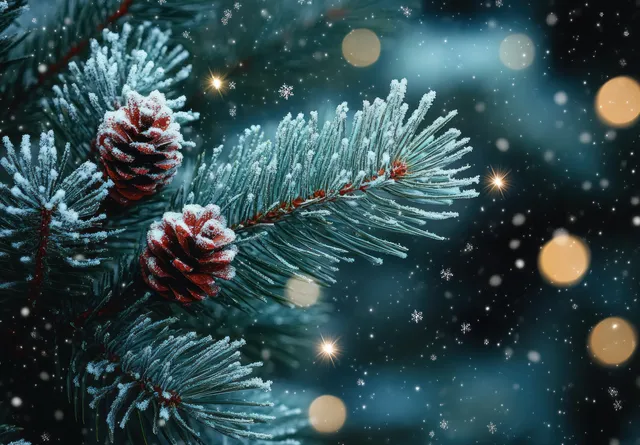 Snow-dusted pine needles with falling flakes and warm bokeh lights in winter