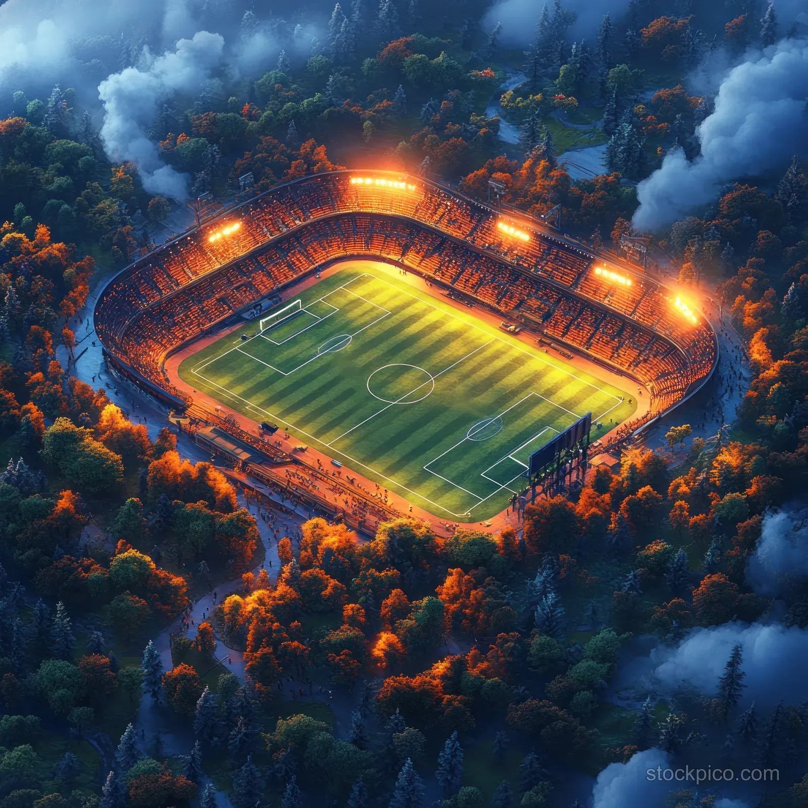 A glowing stadium arena viewed from above, encircled by swirling storm clouds at night.