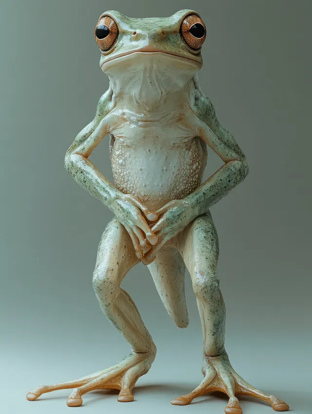A mutant frogman creature poses on a plain studio background with bulging eyes and webbed hands.