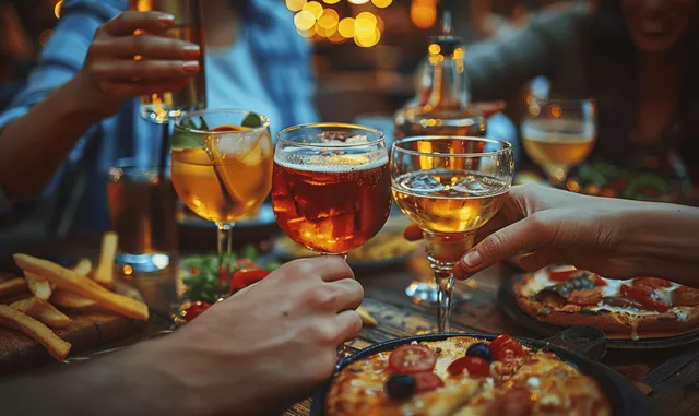 Friends clinking small cocktail glasses while sharing bar snacks at a rustic counter