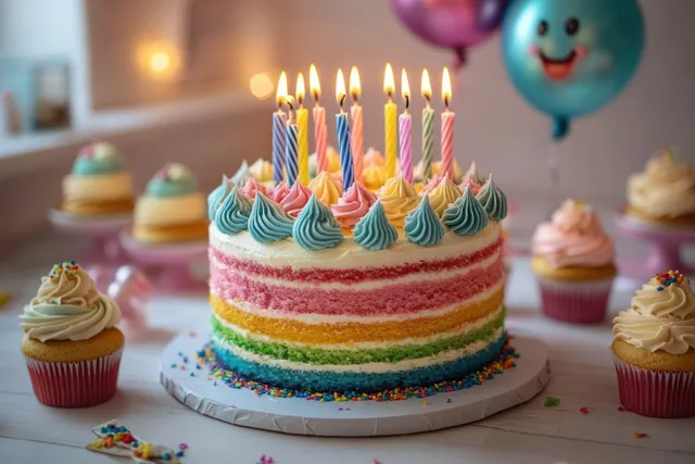 Layered birthday cake with lit candles and rainbow frosting with surrounding decorated cupcakes and balloons.