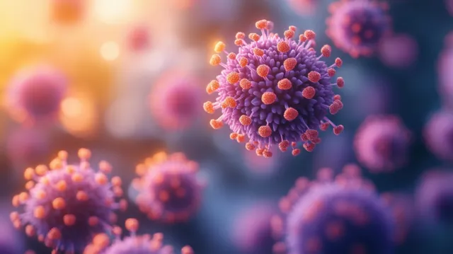 3D measles virus particles floating in a blurred, colorful microscopic background.