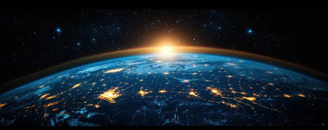 Earth view from space showing Asia night lights, glowing city clusters, and stars