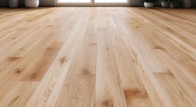 Light wooden floor planks with subtle natural grain, laid in a repeating Scandinavian pattern under soft indoor light.