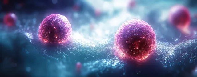 Glowing cancer cell-like spheres within a bluish microscopic tumor environment with floating particles.