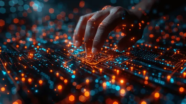 Businessman’s hand tapping a glowing AI circuit board amid neon cyber network lights