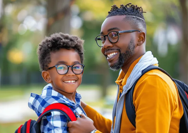 Father adjusts his son’s glasses while both wear backpacks in a sunny park.