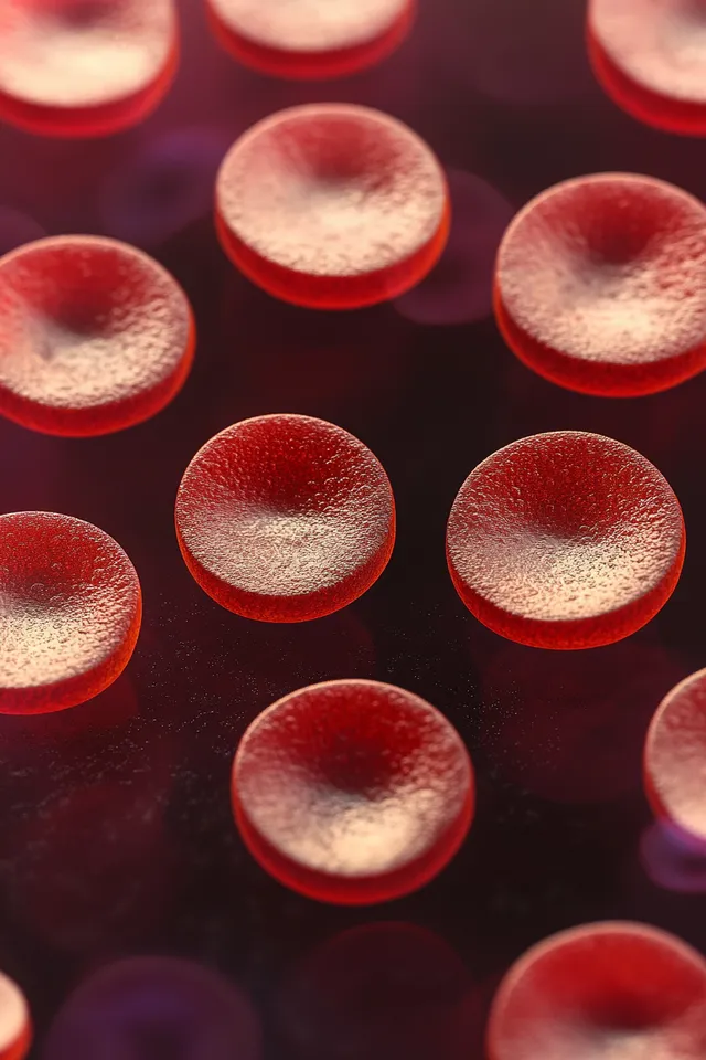 Glowing red disk cells floating in dark background with granular membrane texture