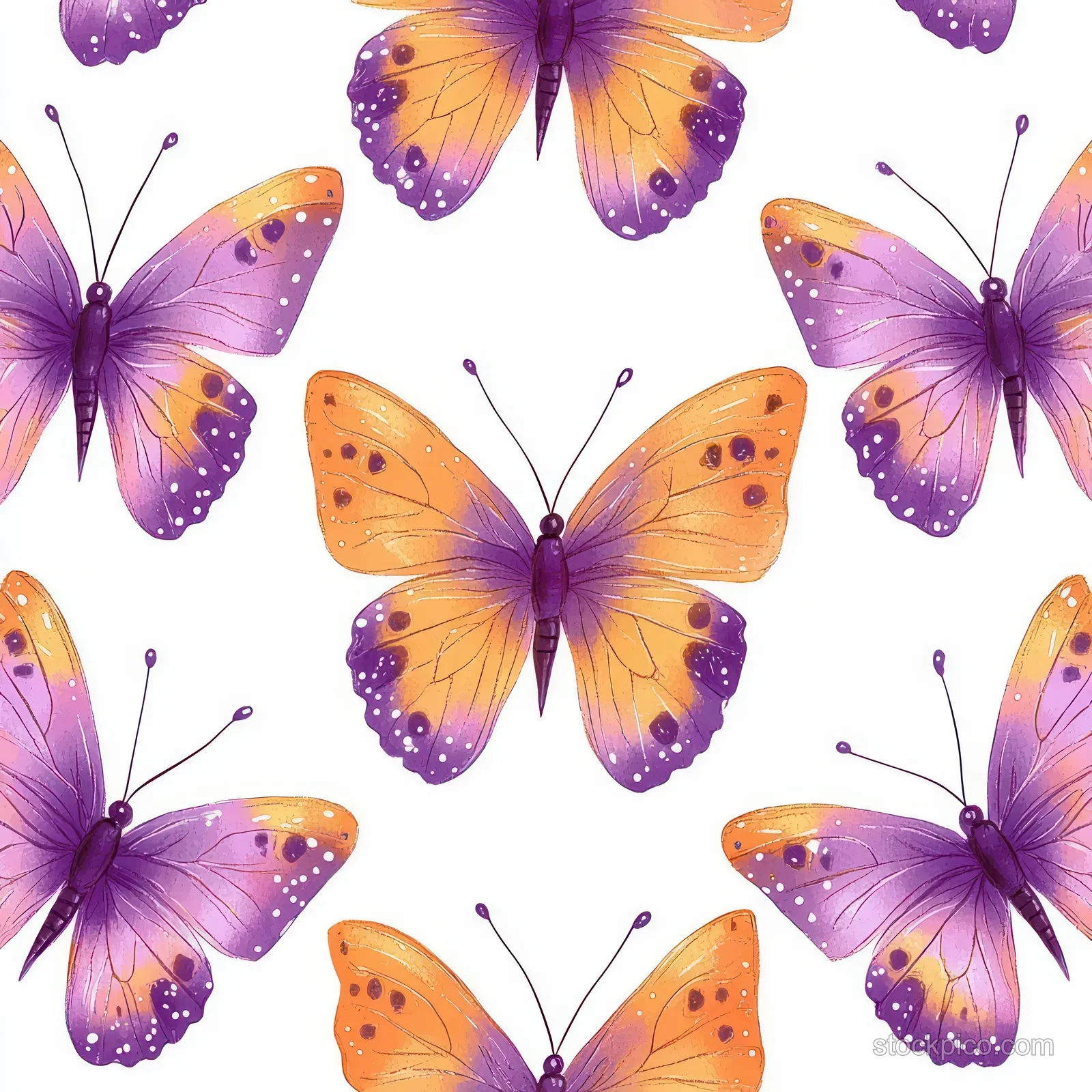Seamless repeat pattern of purple and orange butterflies with white-spotted wings on a white background.