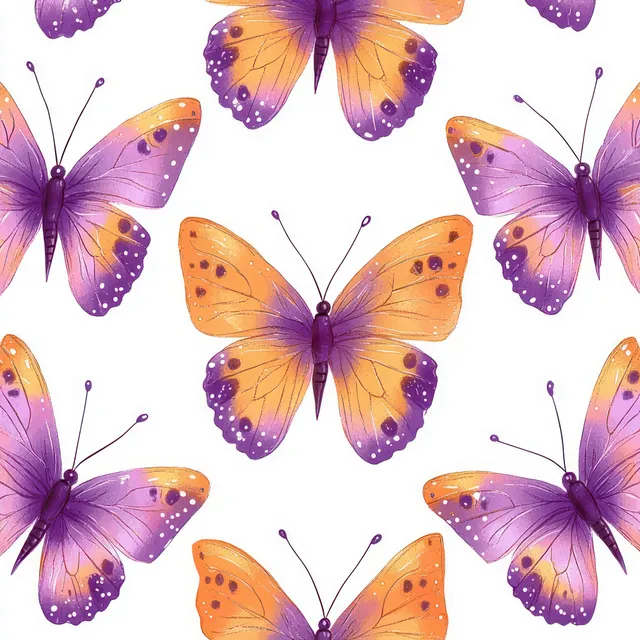 Seamless pattern of purple and orange butterflies with white-spotted wings on white