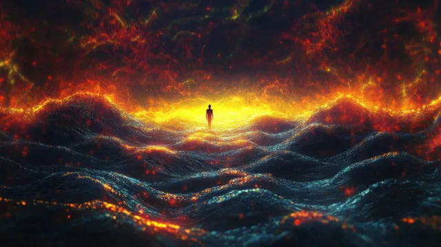Silhouette walker approaches a glowing portal of fiery light above undulating dark waves