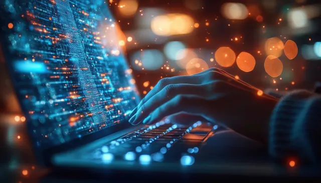 Gloved hands type on a laptop with glowing code and floating data streams in a dark cyber atmosphere.