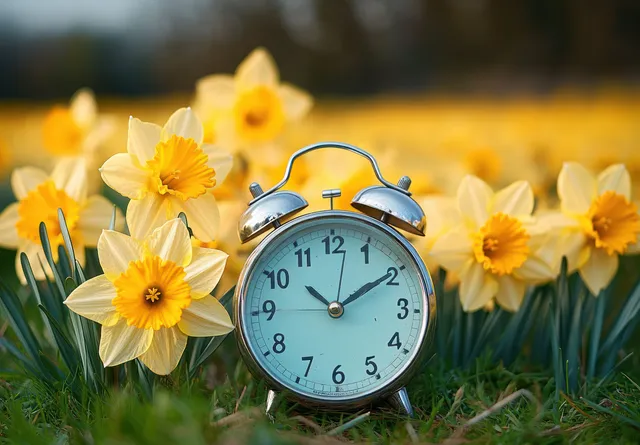 Vintage silver alarm clock nestled among bright yellow daffodils in soft spring daylight
