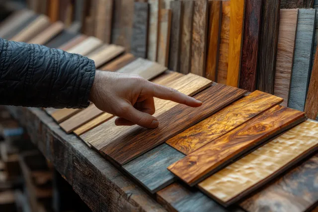 Hand points to a wood-grain laminate sample board among many swatches on a material display wall.