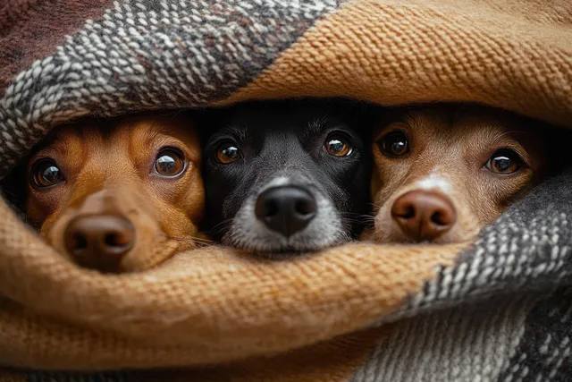 Small black dog peeking from under a folded woven blanket, showing wide curious eyes and snout.
