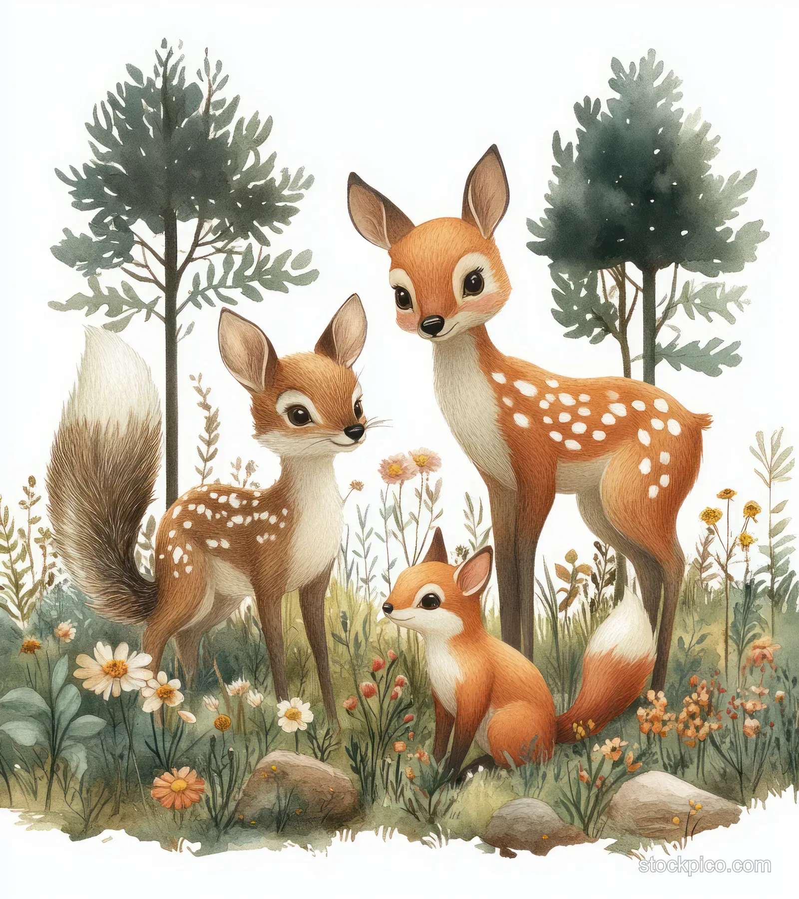 Watercolor woodland illustration with two fawn squirrels and a fox among green trees and wildflowers.