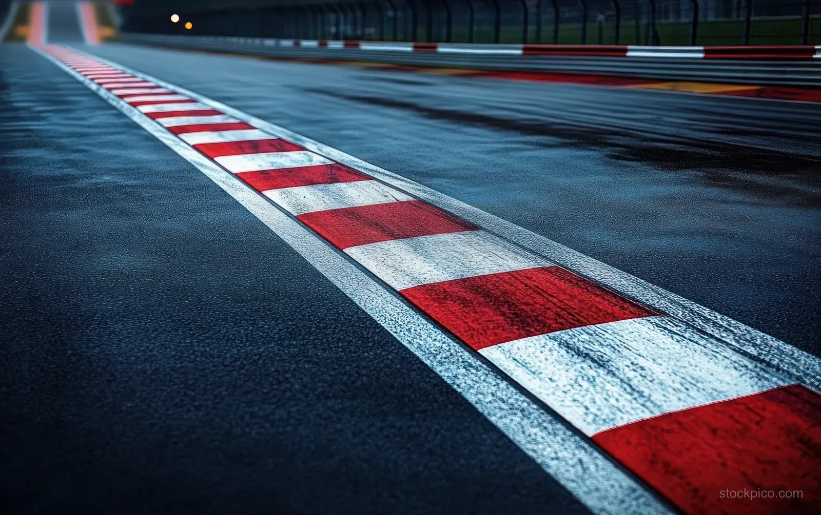 Wet asphalt curb with red and white stripes reflecting overcast light along a race track edge.