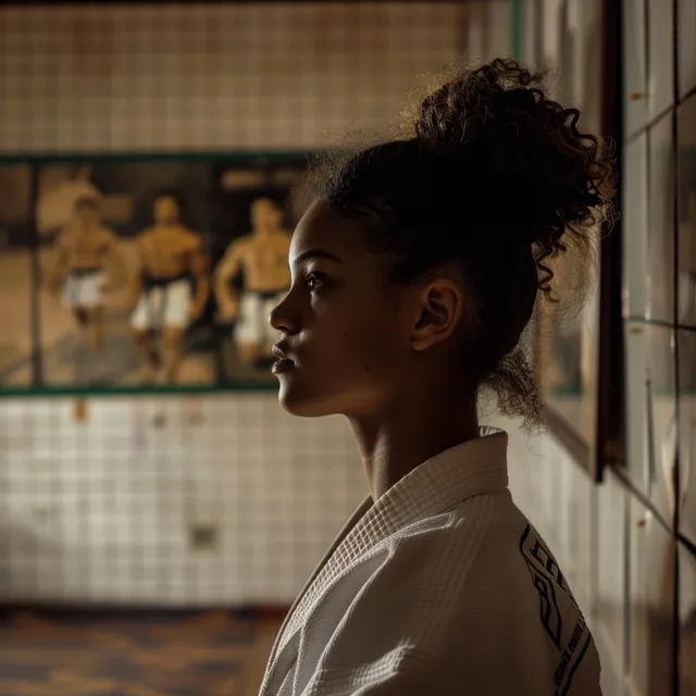 A Brazilian judo athlete prepares in a quiet dojo while holding their gi collar.