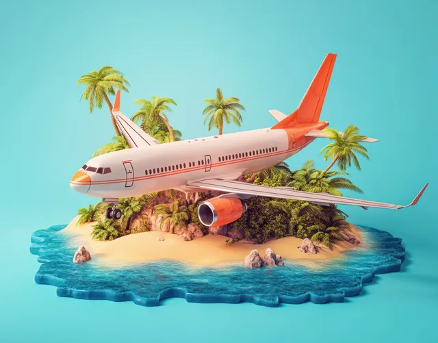 A jet airplane flies over a tiny tropical island with palm trees, sandy beach, and rocky coastline beneath a blue sky.