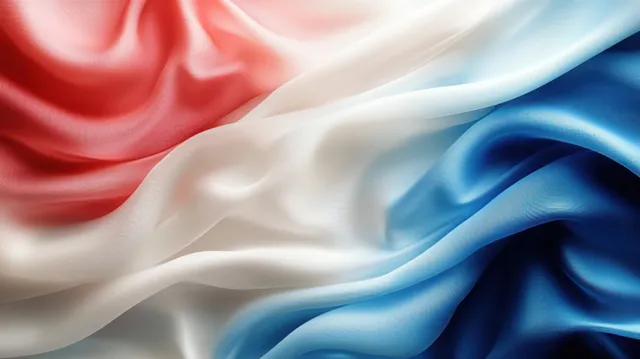 Olympic rings over flowing French flag silk waves on abstract blue-white-red digital background