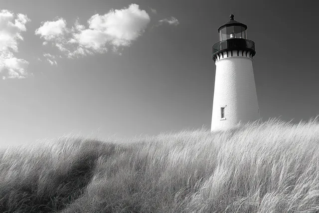 Monochrome lighthouse tower stands behind tall coastal grass beneath a partly cloudy sky.