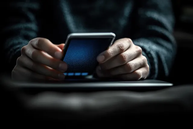 Hands holding smartphone over laptop keyboard in dimly lit workspace