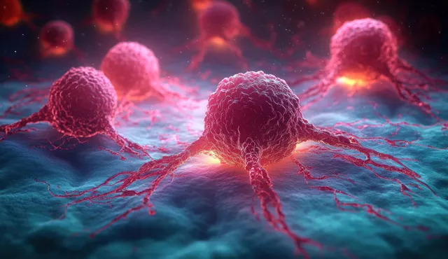 Glowing 3D cancer cells with red tendrils spread over a turquoise web-like biological surface.