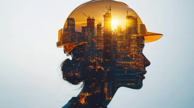 Young female construction worker in a hard hat with a dawn city skyline double-exposure profile.