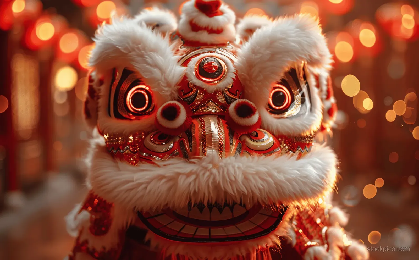 Chinese lion dance head costume close-up against a festive red backdrop with blurred lights behind.