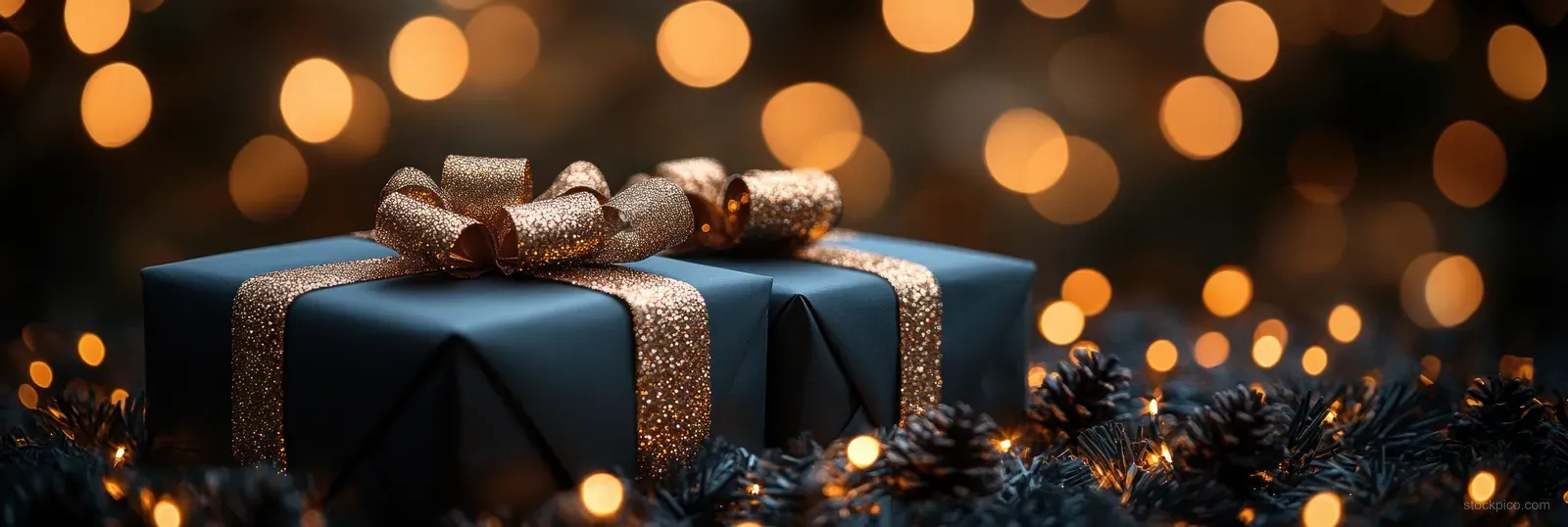 Black gift boxes with gold ribbons on pine garland under warm out-of-focus holiday lights.
