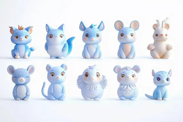 Ten blue and white animal figurines with round eyes are arranged in two rows on a white background.
