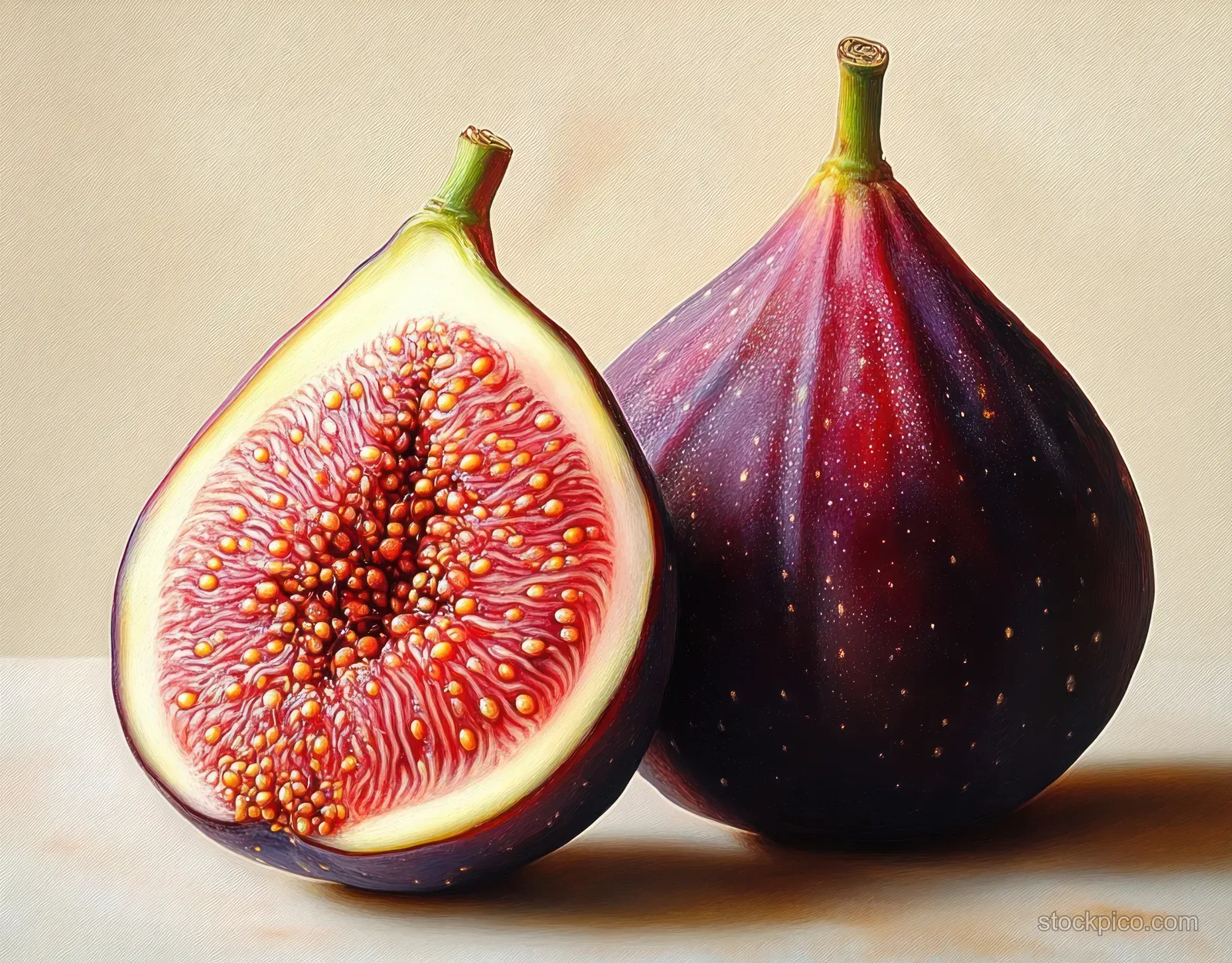 Two ripe figs on a neutral surface, with one halved to show vibrant reddish-pink seeds.