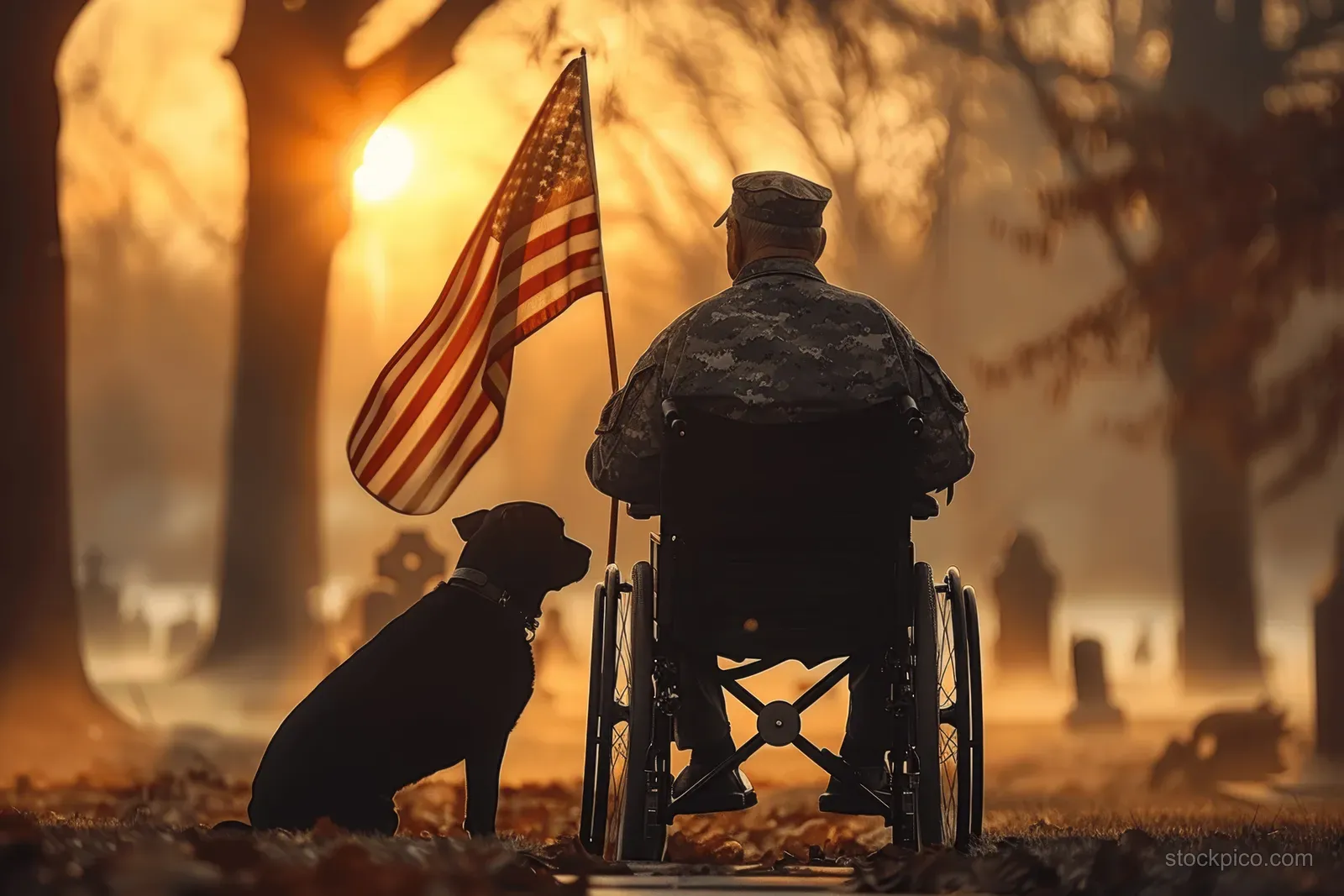 Wheelchair veteran with a dog at sunrise, with an American flag standing among cemetery headstones.
