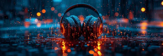 Glowing 3D headphones hover over a neon city street with blue and orange light particles.