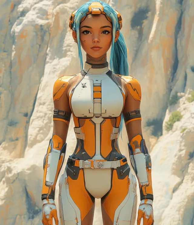 Humanoid robot nurse stands in a snowy mountain canyon with a glowing blue visor and orange-white armor panels.