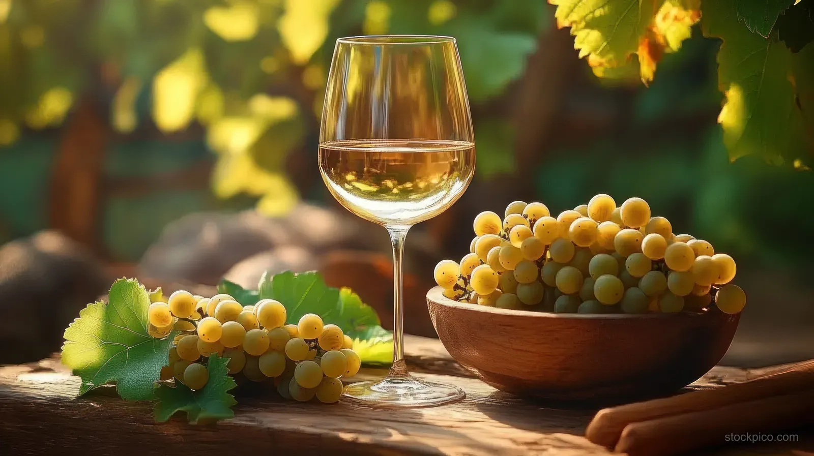 White wine glass next to a wooden bowl of ripe yellow grapes surrounded by green grapevine leaves.