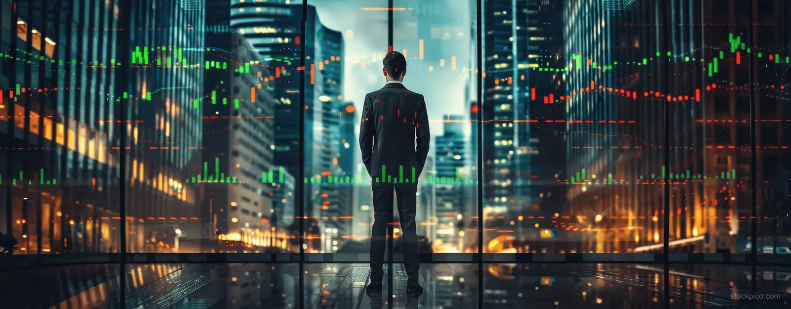 A businessman stands facing a city skyline with glowing stock charts overlaid on glass towers at night.