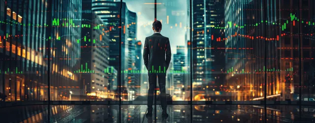 Businessman Overlooking Night City Skyline with Stock Charts and Glass Towers