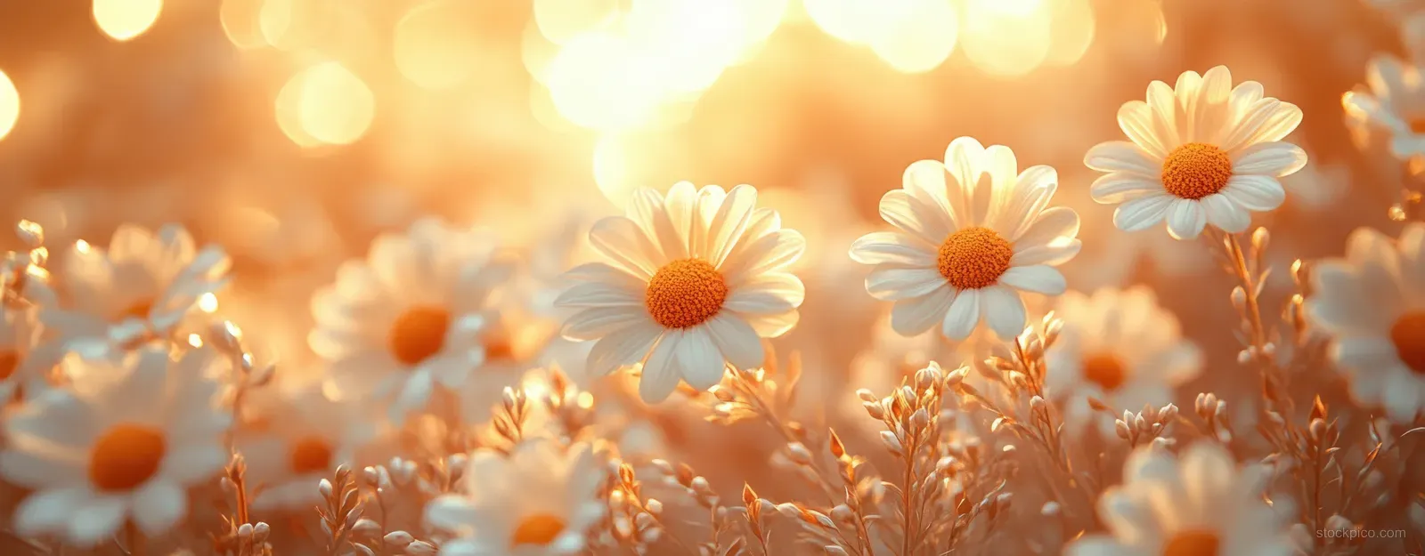 Soft-focused daisies in a sunlit meadow with warm golden bokeh highlights.