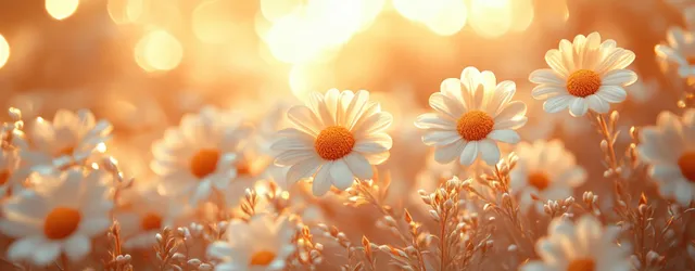 Soft-focused daisies in a sunlit meadow with warm golden bokeh highlights.